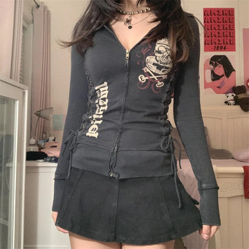 Vintage Bandage Zip-up Hoodies Y2K Aesthetic Print Women Long Sleeve Crop Tops 2000s Retro Jackets Grunge Female Clothes 2022